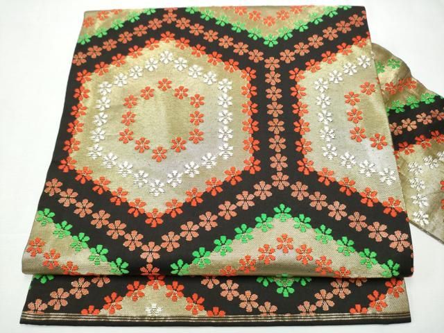 平和屋着物●西陣　川島織物　九寸名古屋帯　亀甲花文　黒地　金糸　正絹　逸品　CAAZ4151hy 平和屋着物○西陣 川島織物 九寸名古屋帯 亀甲花文 黒地 金糸 正絹