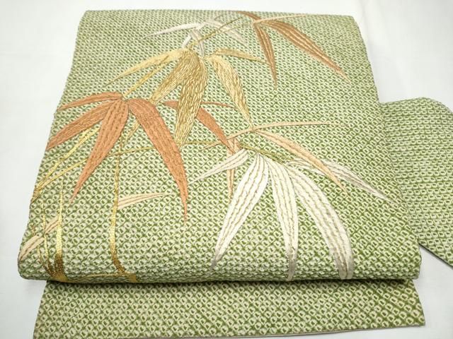 平和屋着物 九寸名古屋帯 駒刺繍 総絞り 枝笹文 正絹 CAAZ4168hy