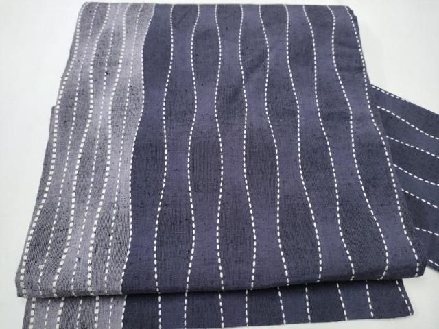 平和屋着物 全通柄 九寸名古屋帯 紬地 刺し子 よろけ縞 正絹 CAAZ4173hy