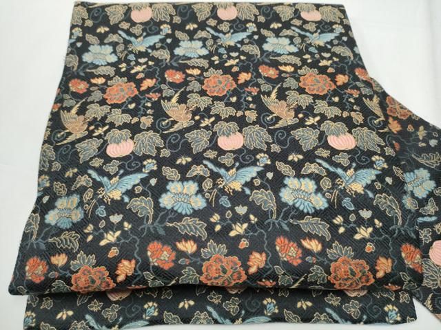 平和屋着物 全通柄 九寸名古屋帯 唐織 花鳥文 黒地 正絹 CAAZ4176hy