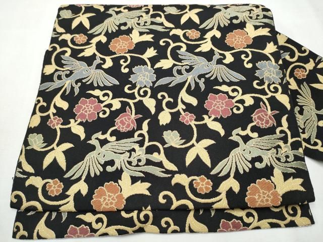 平和屋着物 九寸名古屋帯 花鳥文 黒地 金糸 正絹 CAAZ4179hy