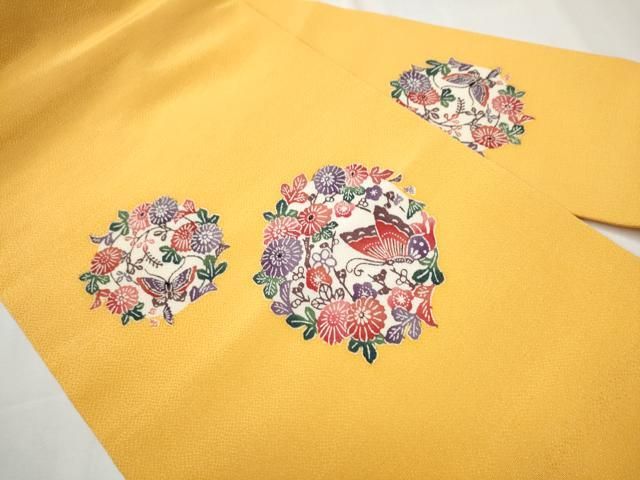 平和屋着物 九寸名古屋帯 型染め 花蝶丸文 鬼しぼ縮緬 正絹 CAAZ4189hy