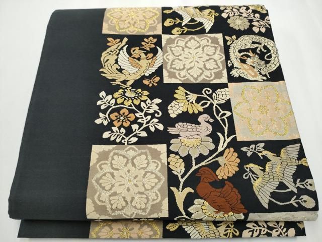 平和屋着物●明綴れ　袋帯　花喰鳥　黒地　金糸　正絹　逸品　CAAZ4216hy 平和屋着物○明綴れ 袋帯 花喰鳥 黒地 金糸 正絹 逸品 CAAZ4216hy