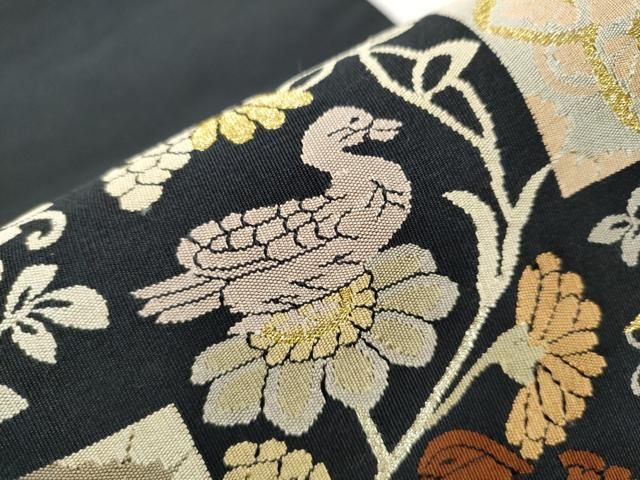 平和屋着物○明綴れ 袋帯 花喰鳥 黒地 金糸 正絹 逸品 CAAZ4216hy