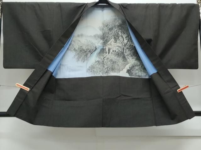 平和屋着物○男性 紬 アンサンブル 色無地 暗黒色 正絹 逸品