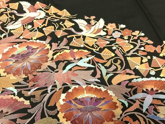 飛鶴笹梅花文 正絹