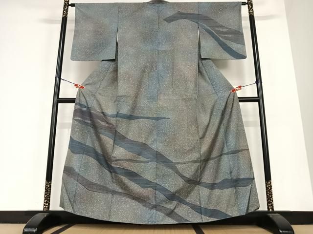 平和屋着物 石川県指定無形文化財 牛首紬 白山工房 手織り 横段文 暈し染め 正絹 AABC0223zg