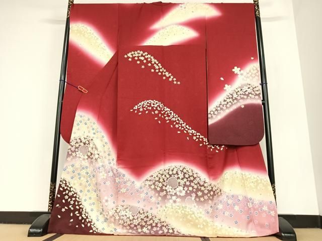 平和屋着物 豪華振袖 駒刺繍 雪輪舞桜文 暈し染め 銀通し地 ロング丈 正絹 AABC0226zg