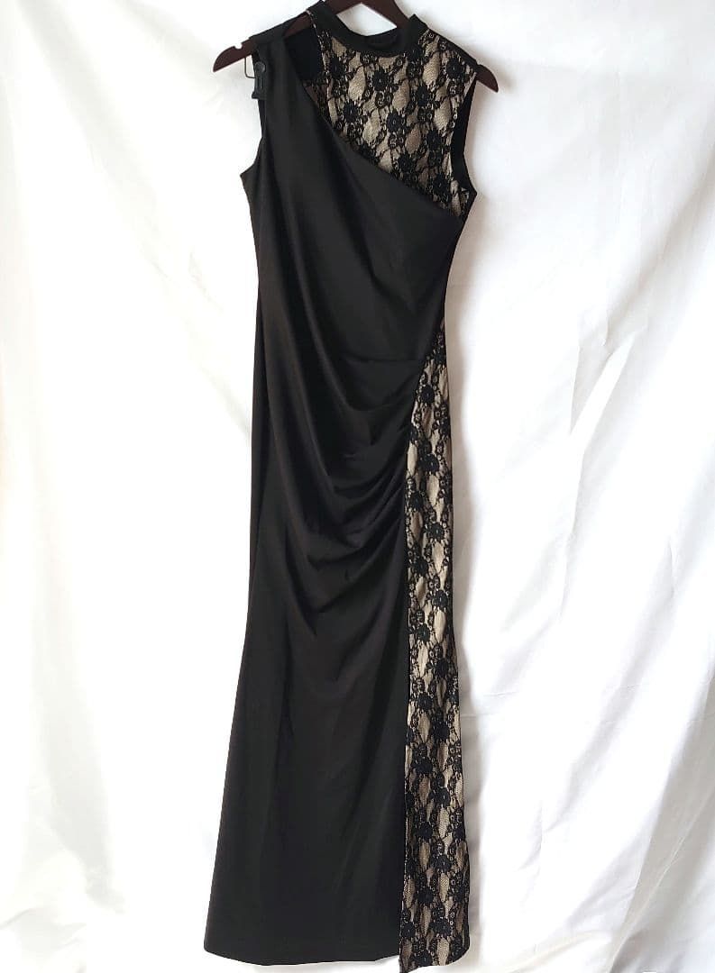 sobre ロングドレス ソブレ ブラック ゴールド サイズL レース スリット バックオープン