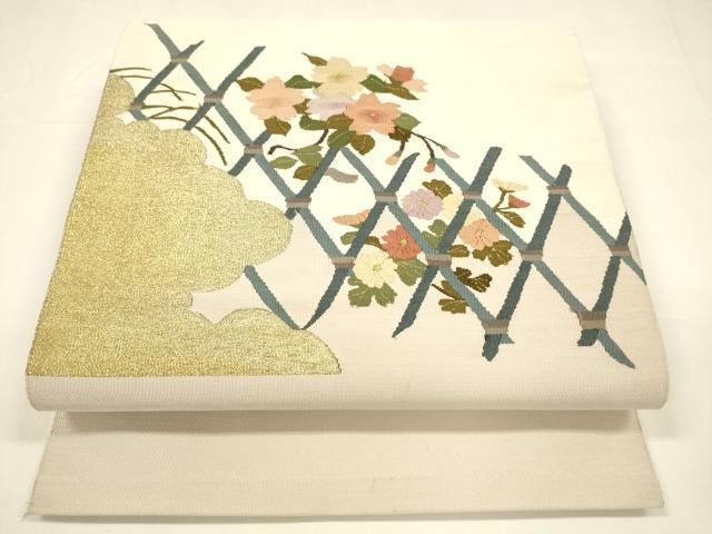 平和屋着物 爪掻き本綴れ 八寸名古屋帯 籬草花文 金糸 正絹 DAAY8245cm