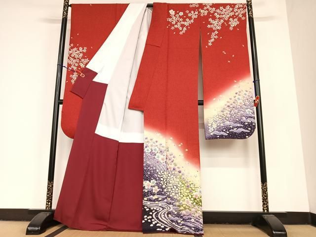 平和屋着物 豪華振袖 絞り 流水舞花文 暈し染め 金通し地 正絹 AABC4862zg