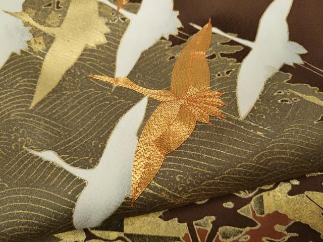 平和屋着物●銀座きしや　色留袖　駒刺繍　飛鶴松文　金彩　正絹　逸品　CAAZ2724ut 平和屋着物○銀座きしや 色留袖 駒刺繍 飛鶴松文 金彩 正絹 逸品