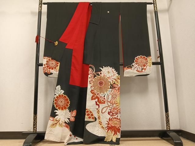 平和屋着物 アンティーク 大正ロマン 刺繍 花尽し 黒地 金彩 正絹 AABC8002ph