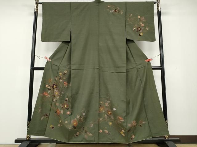 平和屋着物●訪問着　紬地　刺し子　切嵌　枝花文　正絹　逸品　CAAZ2767ut 平和屋着物○訪問着 紬地 刺し子 切嵌 枝花文 正絹 逸品