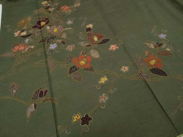 平和屋着物○訪問着 紬地 刺し子 切嵌 枝花文 正絹 逸品