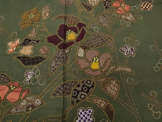 平和屋着物○訪問着 紬地 刺し子 切嵌 枝花文 正絹 逸品