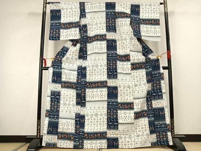 平和屋着物 小紋 単衣 横段文 洗える着物 AABC3864fy