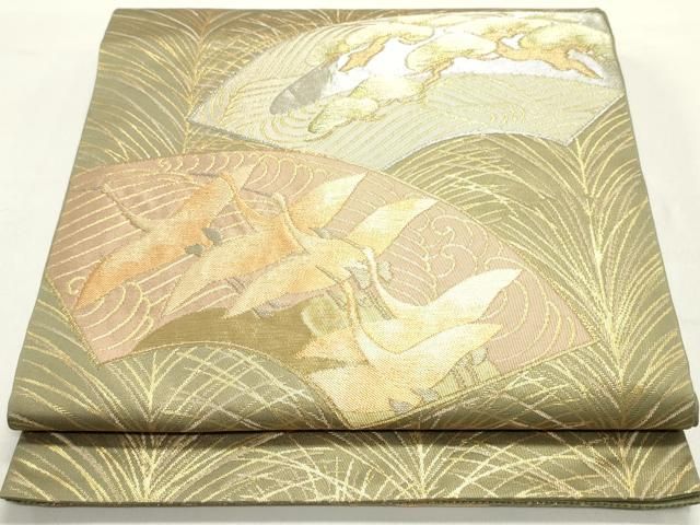 平和屋着物●西陣　川島織物　六通柄　本袋帯　地紙重ね飛鶴松文　金銀糸　正絹　逸品　DAAY0258ob 平和屋着物○西陣 川島織物 六通柄 本袋帯 地紙重ね飛鶴松文 金銀糸