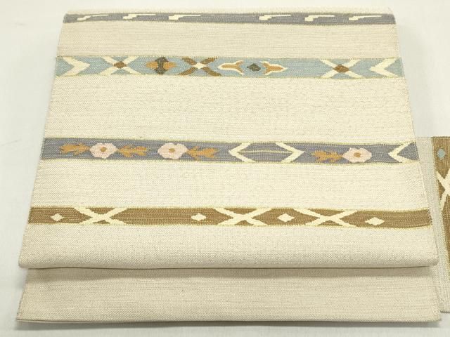 平和屋着物 八寸名古屋帯 すくい織 幾何学横段花文 金糸 正絹 ob