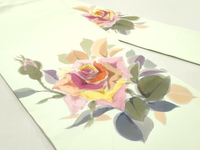 平和屋着物 塩瀬 九寸名古屋帯 作家物 手描き 薔薇 バラ 日緑色 正絹 DAAY0279ob