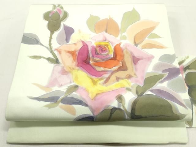 平和屋着物 塩瀬 九寸名古屋帯 作家物 手描き 薔薇 バラ 日緑色 正絹 DAAY0279ob