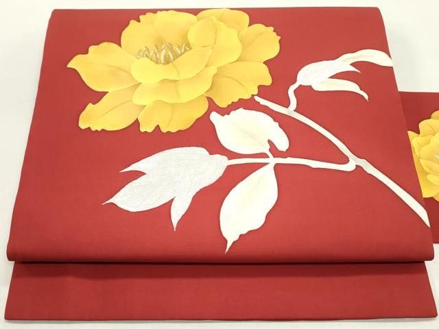 平和屋着物 塩瀬 九寸名古屋帯 手描き 草花文 朱 緋色 金銀彩 正絹 ob