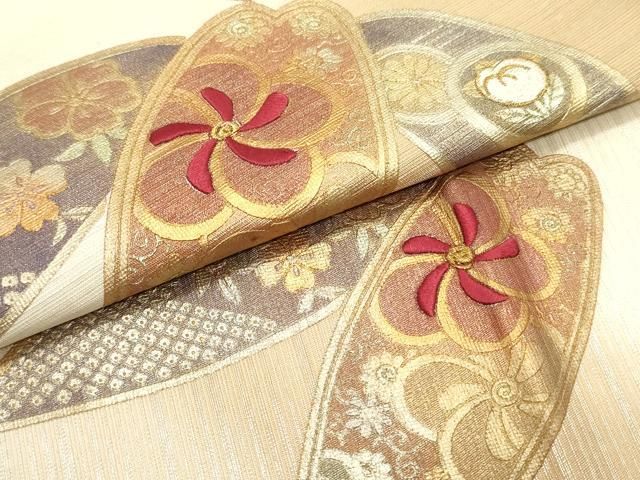 平和屋着物○九寸名古屋帯 刺繍 笹取り花唐草文 金彩 正絹 逸品