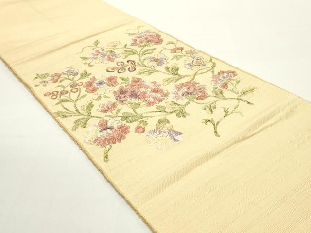 平和屋着物 八寸名古屋帯 紬地 更紗花唐草文 飴色 正絹 DAAY0305ob