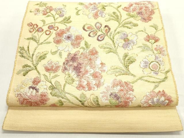 平和屋着物 八寸名古屋帯 紬地 更紗花唐草文 飴色 正絹 DAAY0305ob