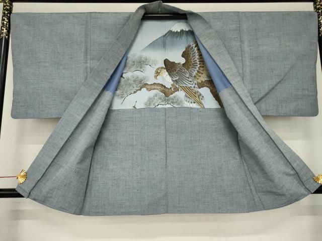 平和屋着物○男性 紬 アンサンブル 色無地 桔梗鼠色 正絹 逸品