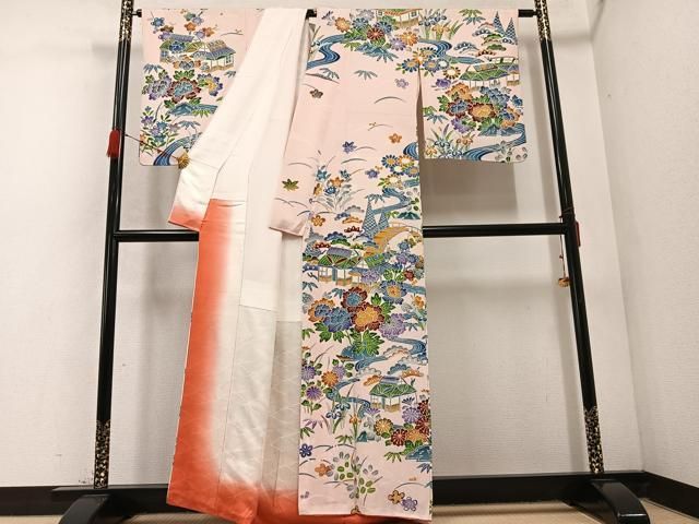 平和屋着物 訪問着 型染め 流水風景草花文 正絹 AABC9662ph