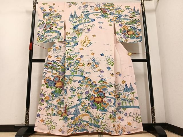 平和屋着物 訪問着 型染め 流水風景草花文 正絹 ph