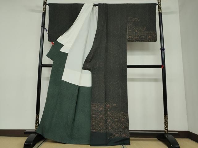 平和屋着物 訪問着 紬地 型染め 更紗草花文 正絹 DAAY5663ud