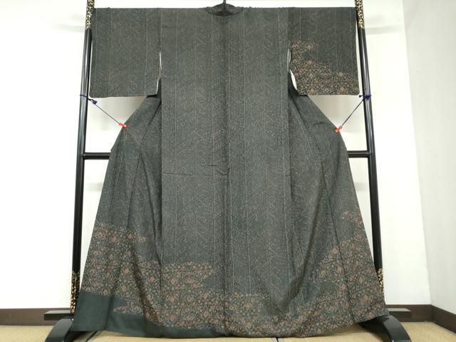 平和屋着物 訪問着 紬地 型染め 更紗草花文 正絹 DAAY5663ud