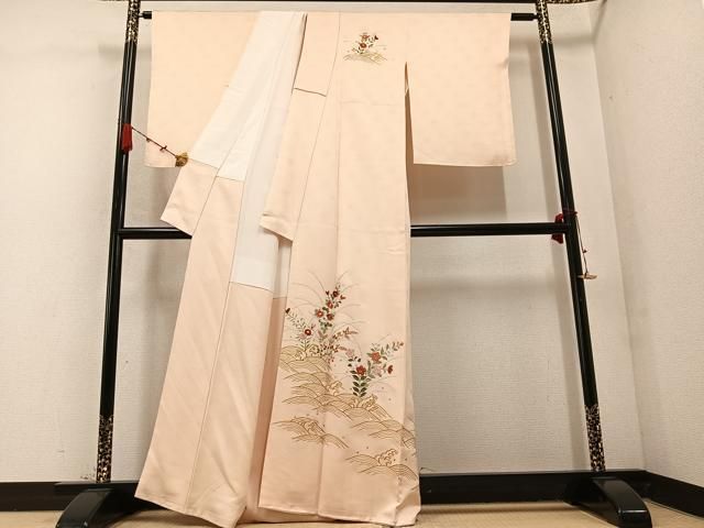 平和屋着物 訪問着 駒刺繍 立波草花文 正絹 AABC9701ph