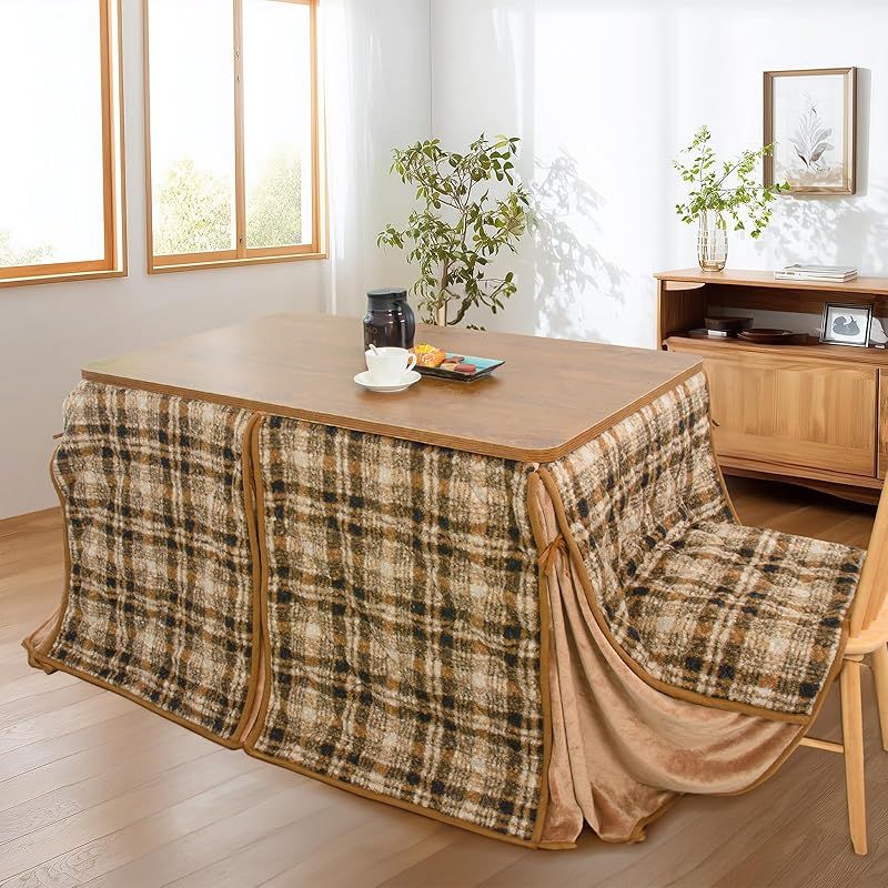 JEMA ハイタイプ こたつ布団 単品 ダイニング テーブル用こたつ布団 ダイニングコタツふとん 省スペース 長方形 こたつ掛け 吸湿発熱 洗える 約240x295cm プードルプリント チエック柄 コーヒー