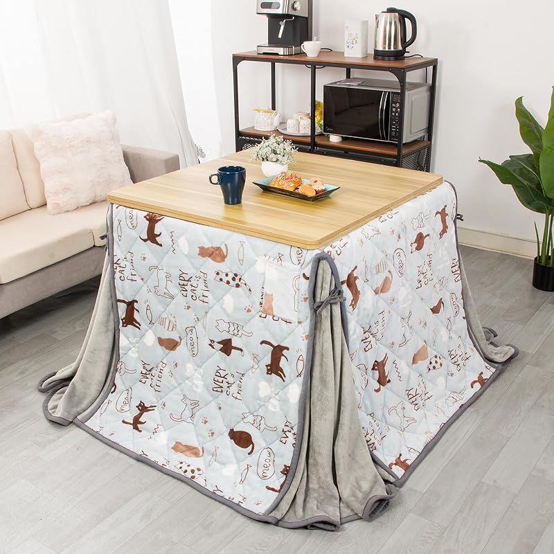 JEMA ハイタイプ こたつ布団 単品 ダイニング テーブル用こたつ布団 ダイニングコタツ布団 省スペース 正方形 掛け布団 こたつ掛け布団 吸湿発熱 洗える ふわふわ感触 フランネル素材 約240x240cm 猫柄