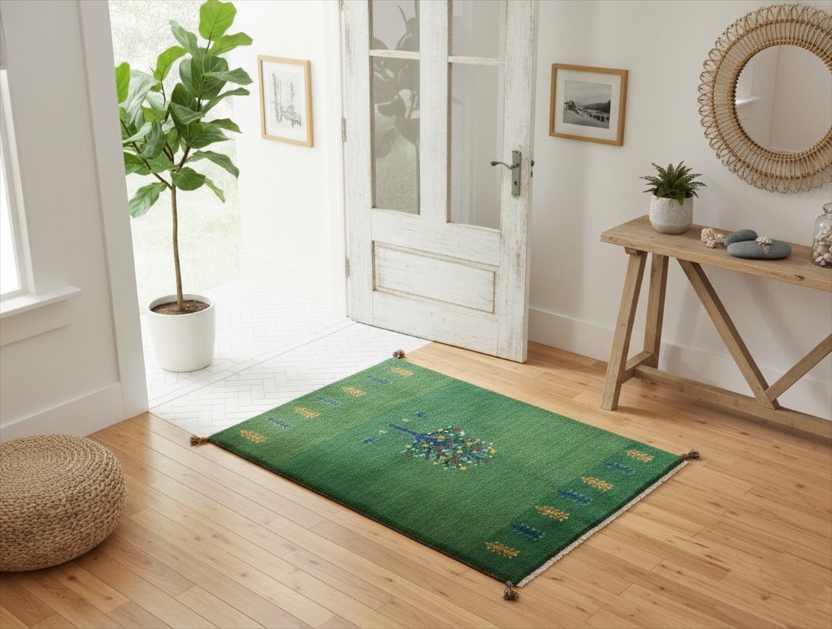 ペルシャ ギャッベ マット大 ラグ 120x84cm 緑色 ザクロの木 ヤギ 生命の木 RJ16102