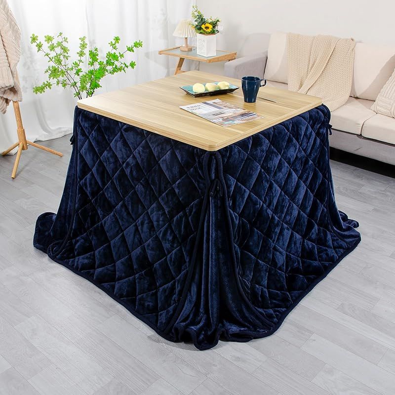 JEMA ハイタイプ こたつ布団 単品 ダイニングこたつ布団 テーブル用 ダイニングコタツ布団 省スペース 正方形 掛け布団 こたつ掛け布団 吸湿発熱 洗える ふわふわ感触 無地 フランネル素材 ネイビー 約240x240cm