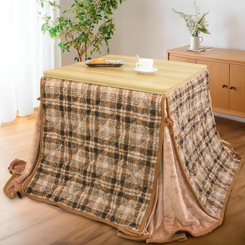 JEMA ハイタイプ こたつ布団 単品 ダイニング テーブル用こたつ布団 ダイニングコタツふとん 省スペース 正方形 こたつ掛け 吸湿発熱 洗える 約240x240cm プードルプリント チエック柄 コーヒー