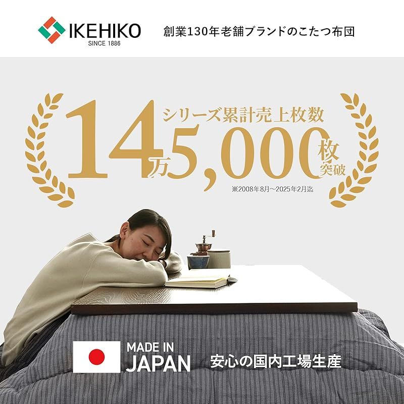 イケヒコ こたつ布団 正方形 掛敷セット ゆかり 約205×205cm ブラック しじら 厚掛け 5110310