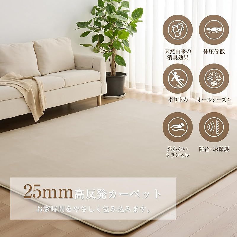 Softime カーペット ラグ 厚25mm ラグマット防音 厚手 竹炭消臭 200×250cm 約3畳 絨毯 滑り止め付 防ダニ 抗菌 防臭 地毯 高反発 オールシーズン快適 床暖房 ホットカーペット対応 こたつ敷きマット じゅうたん 低反発と同じ厚み リ