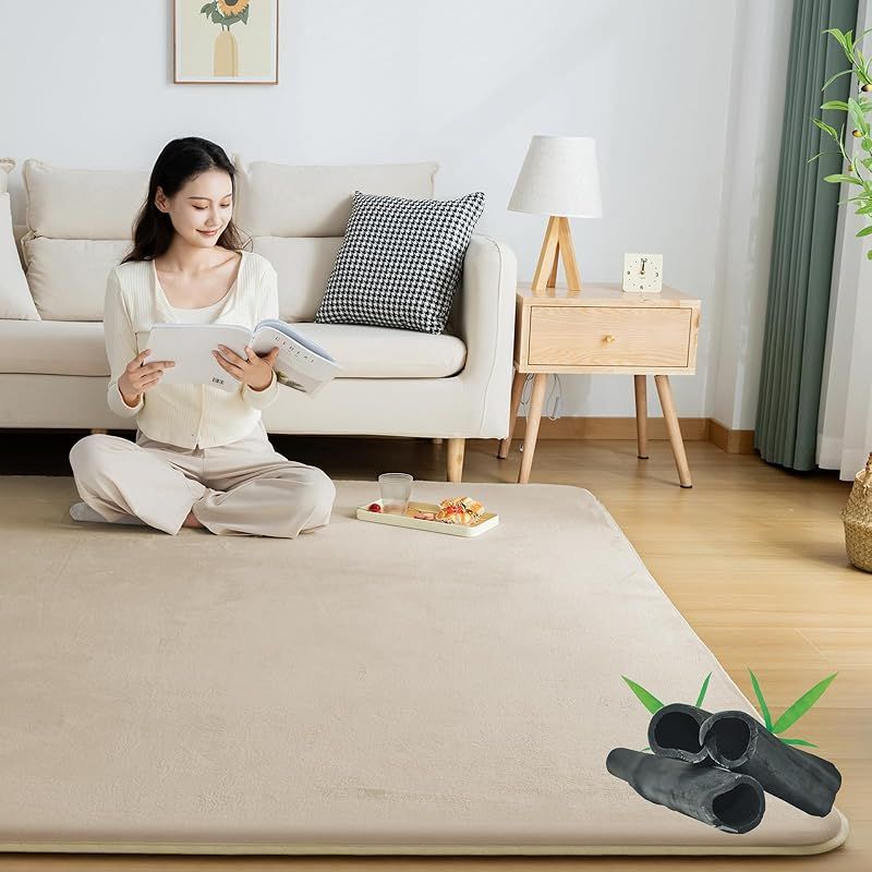 Softime カーペット ラグ 厚25mm ラグマット防音 厚手 竹炭消臭 200×250cm 約3畳 絨毯 滑り止め付 防ダニ 抗菌 防臭 地毯 高反発 オールシーズン快適 床暖房 ホットカーペット対応 こたつ敷きマット じゅうたん 低反発と同じ厚み リ