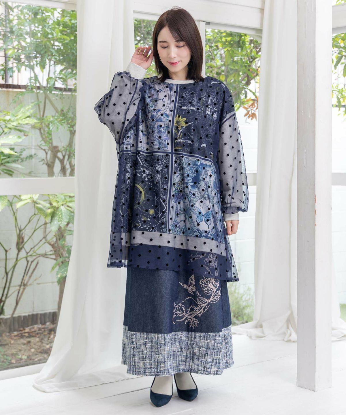  isScoLar イズス 553243 星×タロットコラージュ柄 ドットチュールプルオーバー その他 トップス