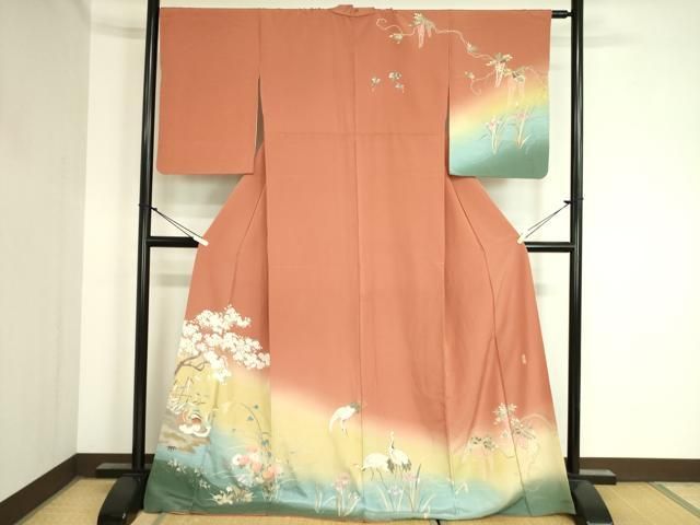 平和屋着物●訪問着　手描き　鴛鴦風景花文　暈し染め　正絹　逸品　DAAZ0545ps 平和屋着物○訪問着 手描き 鴛鴦風景花文 暈し染め 正絹 逸品 DAAZ0545ps