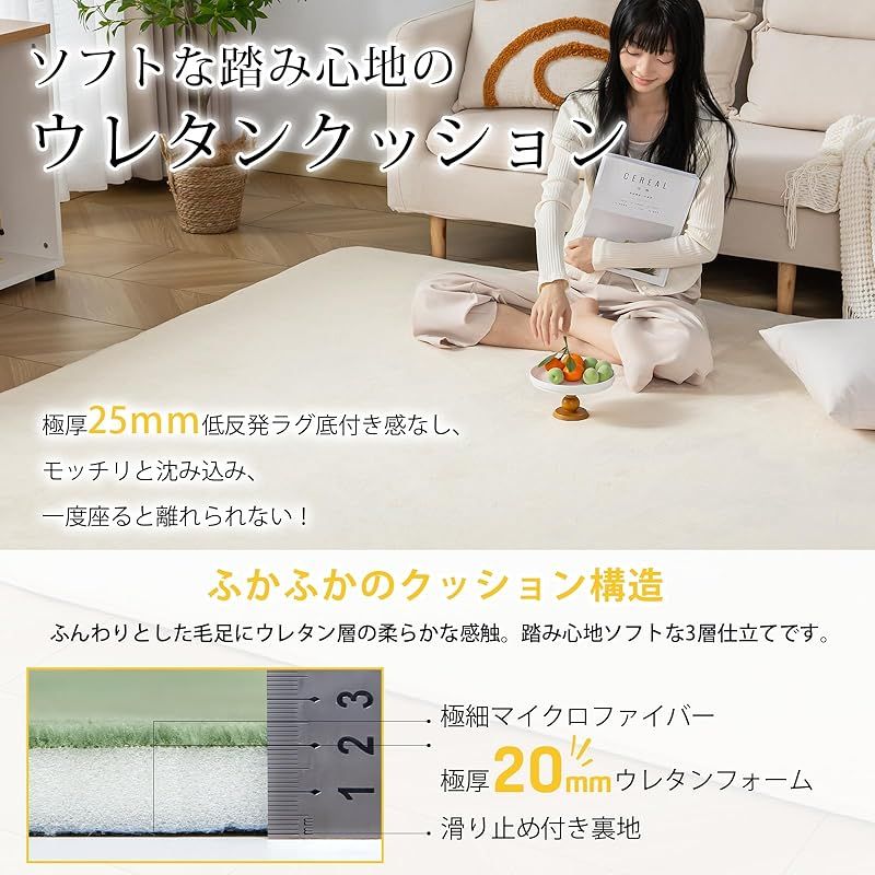 Keusnix ラグ カーペット 低反発 ラグマット 厚25mm 絨毯 厚手 3畳 200x245cm 滑り止め付 抗菌 防ダニ加工 オールシーズン快適 リビングマット ふわっと手触り じゅうたん こたつマット 床暖房 ホットカーペット対応 アイボリー