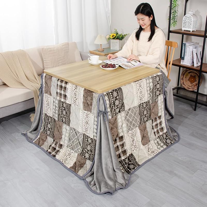 JEMA ハイタイプ こたつ布団 単品 ダイニングこたつ布団 テーブル用こたつ布団 ダイニングコタツ布団 省スペース 長方形 掛け布団 こたつ掛け布団 吸湿発熱 洗える ふわふわ感触 フランネル素材 約240x265cm パッチワーク グレー MARWIL-DEMENAGEMENTS_CH