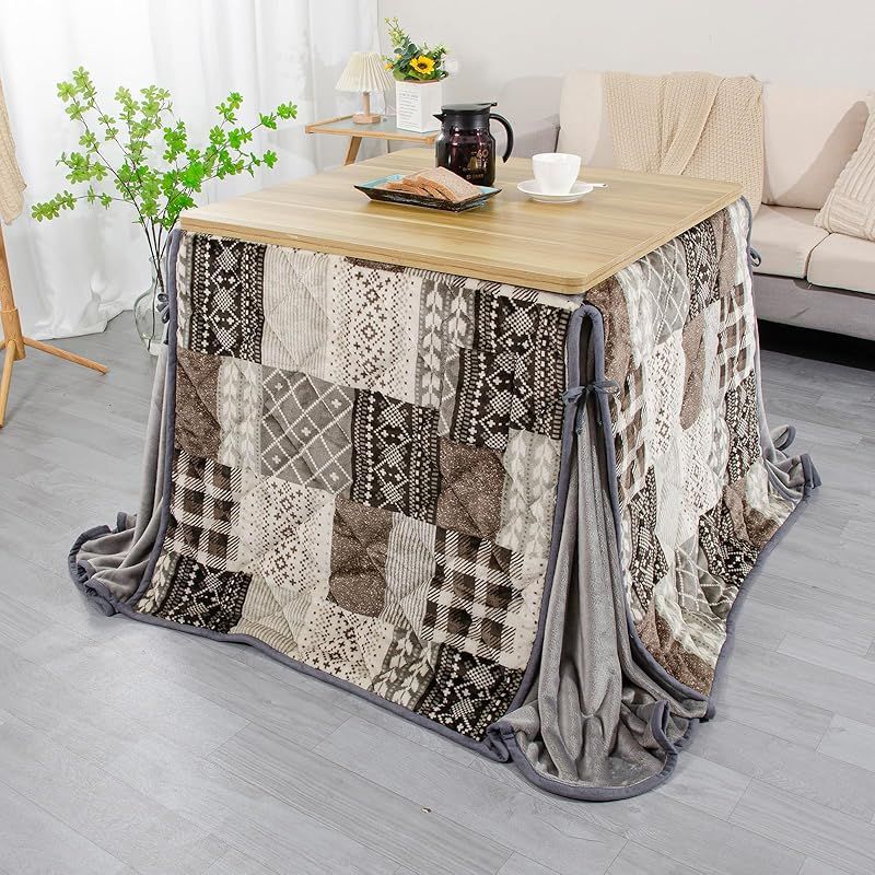 JEMA ハイタイプ こたつ布団 単品 ダイニングこたつ布団 テーブル用こたつ布団 ダイニングコタツ布団 省スペース 長方形 掛け布団 こたつ掛け布団 吸湿発熱 洗える ふわふわ感触 フランネル素材 約240x265cm パッチワーク グレー