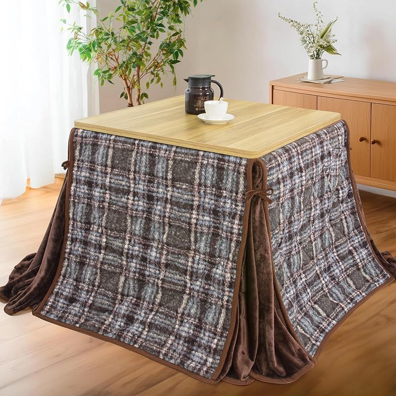 JEMA ハイタイプ こたつ布団 単品 ダイニング テーブル用こたつ布団 ダイニングコタツふとん 省スペース 長方形 こたつ掛け 吸湿発熱 洗える 約240x265cm プードルプリント チエック柄 ブラウン