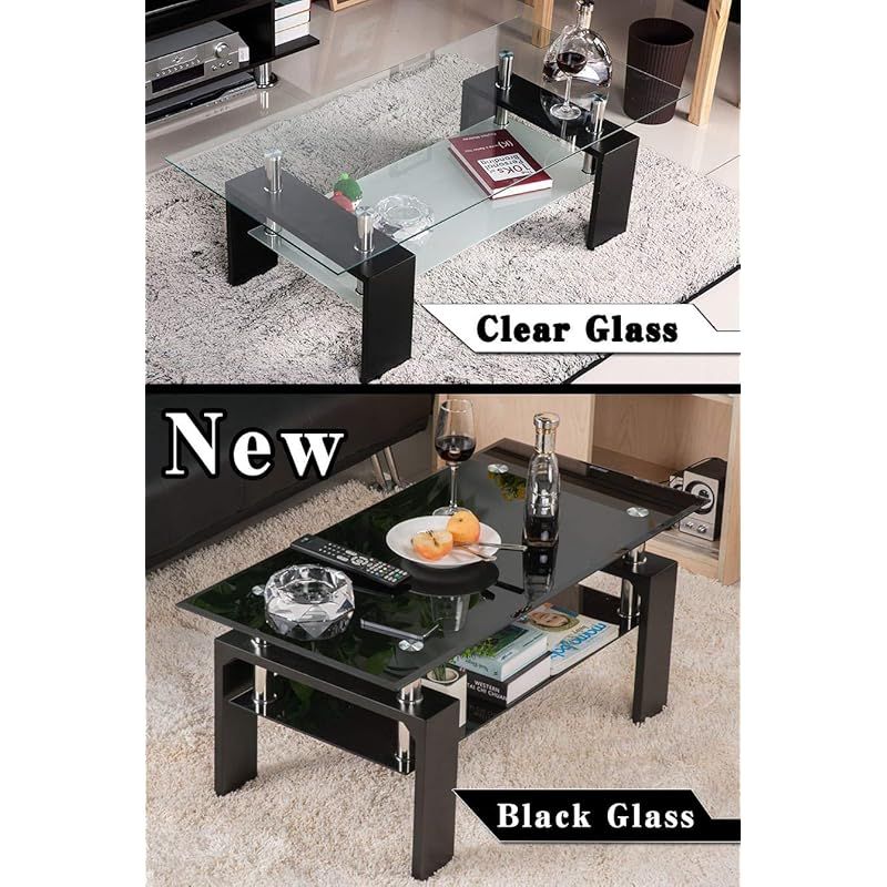 OSJ ガラステーブル コーヒーテーブル 幅88cm 強化ガラス天板 クリアグラス ブラック脚